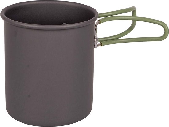 Grijze aluminium mok met groen opklapbaar handvat.