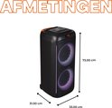 Grote zwarte Denver speaker met dubbele luidsprekers en veelkleurige LED-ringen, met afmetingen aangegeven.