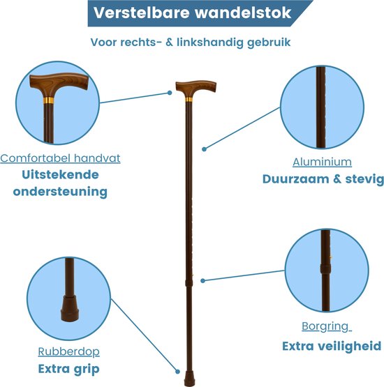 Bruine wandelstok met comfortabel handvat, aluminium schacht, borgring en rubberen dop.