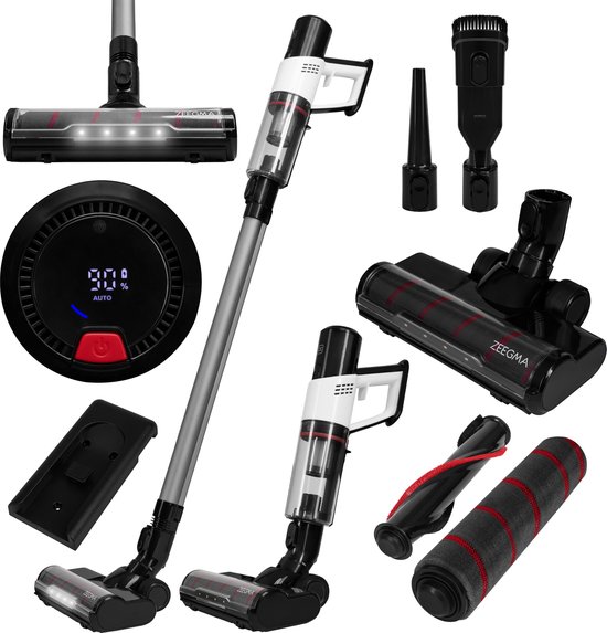 Zeegma Zonder Klaar Base Draadloze Stofzuiger met Smart Stofsensor – 23000 Pa – 250W – Nat & Droog – 3 Modi (ECO/AUTO/TURBO) – LED Borstel – HEPA Filter – Inclusief Accessoires & Wandhouder