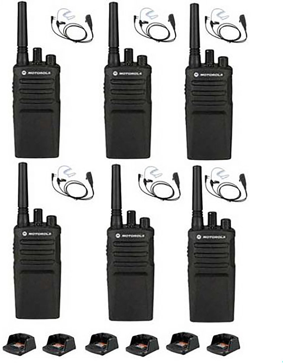 Set van 6 Motorola XT420 UHF IP55 PMR446 Portofoon met laders en beveiliging oortje M1 2-pins