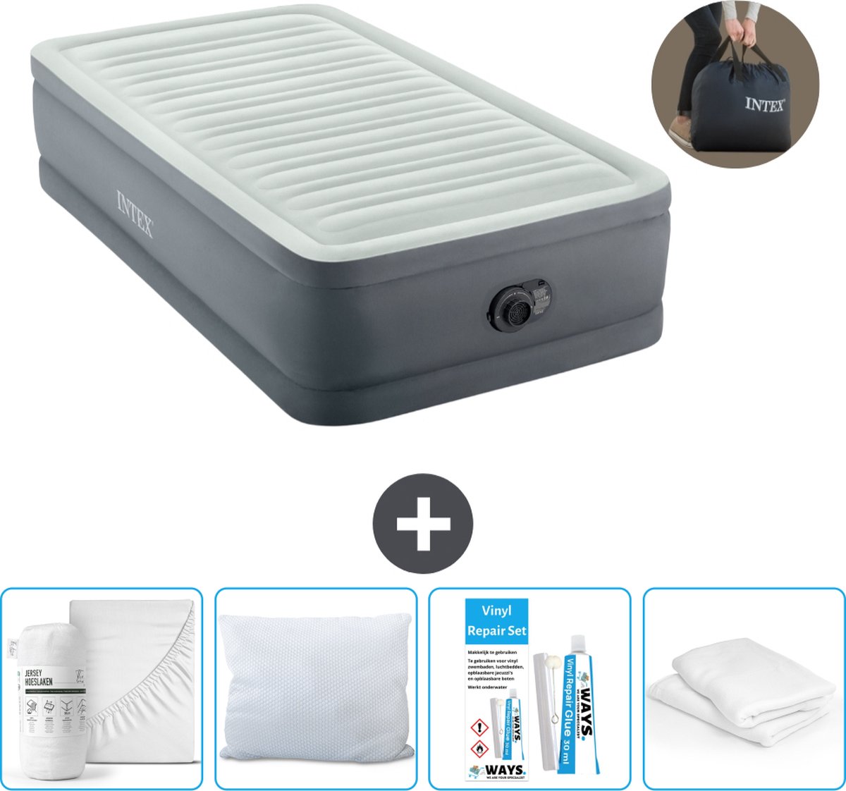 Intex Luchtbedset - 1-Persoons - 99 x 191 x 46 cm - Grijs - Met electrische pomp + Hoeslaken Wit + Kussen + Molton 2 in 1 Kussenslopen + Reparatieset