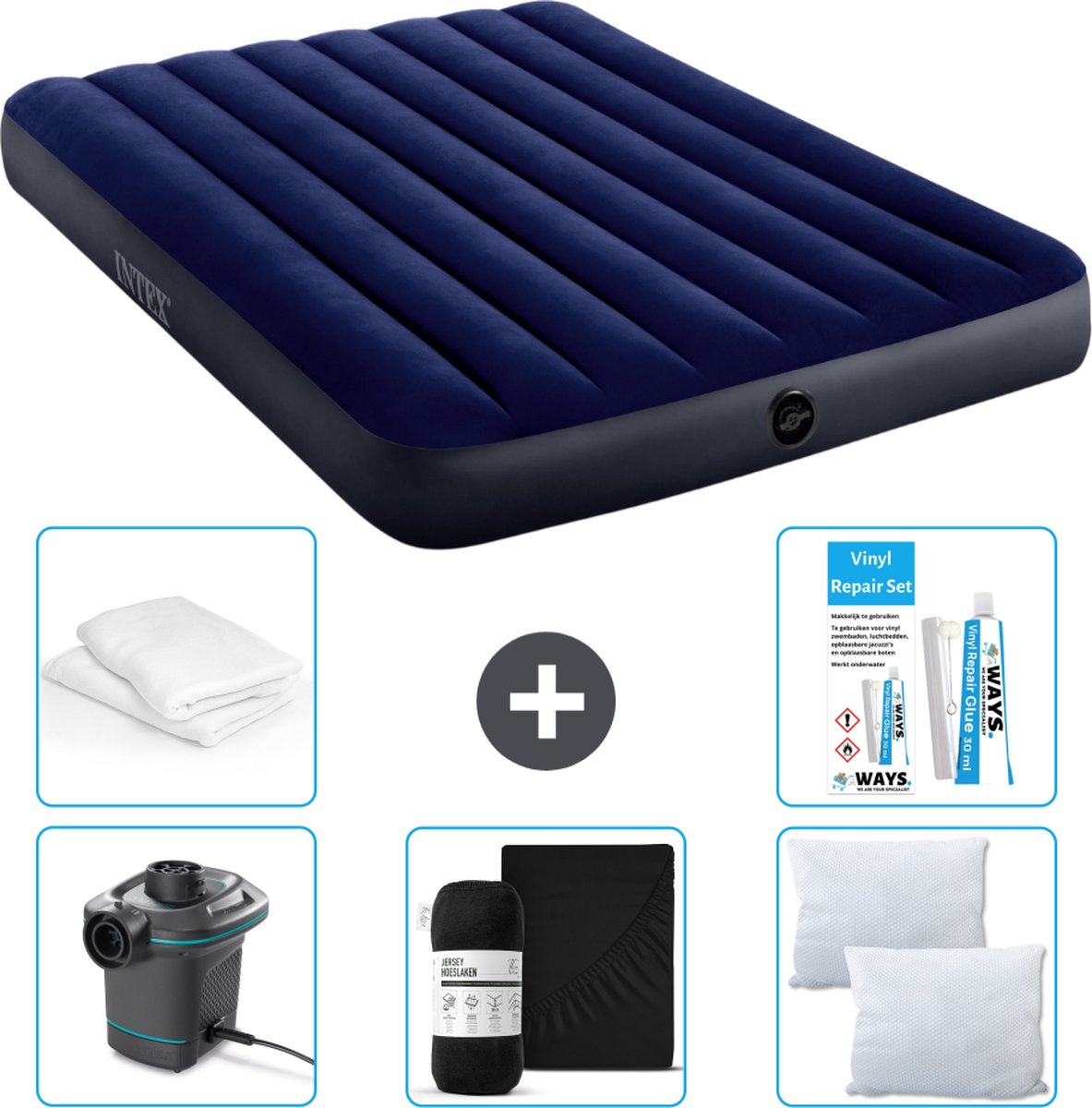 Intex Luchtbedset Intex Luchtbed - Twijfelaar - 137 x 191 x 25 cm - Blauw + Intex Elektrische Pomp - 650 Liter/min + Hoeslaken Zwart + Kussen + Molton 2 in 1 Kussenslopen + Reparatieset
