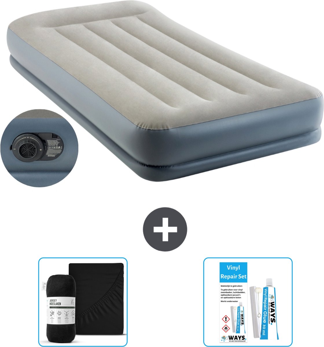 Intex Luchtbed - 1-Persoons - 99 x 191x 30 cm - Grijs - Inclusief pomp - Hoeslaken en Reparatieset