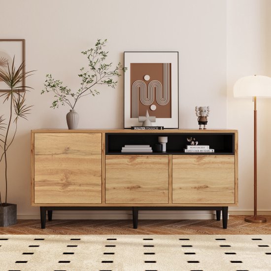 Buffet moderne en bois avec trois portes et étagères, 160 x 35 x 76 cm, facile à monter, design peu encombrant, robuste et fiable.