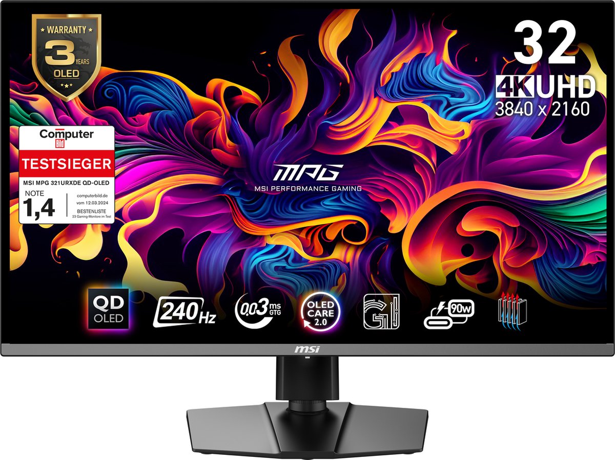 MSI MPG 321URXDE QD-OLED computer monitor 80 cm (31.5") 3840 x 2160 Pixels 4K Ultra HD QDOLED Zwart