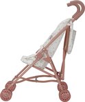 Roze poppenbuggy met wit zitje met bloemenpatroon, inclusief een hangend tasje, op een witte achtergrond.