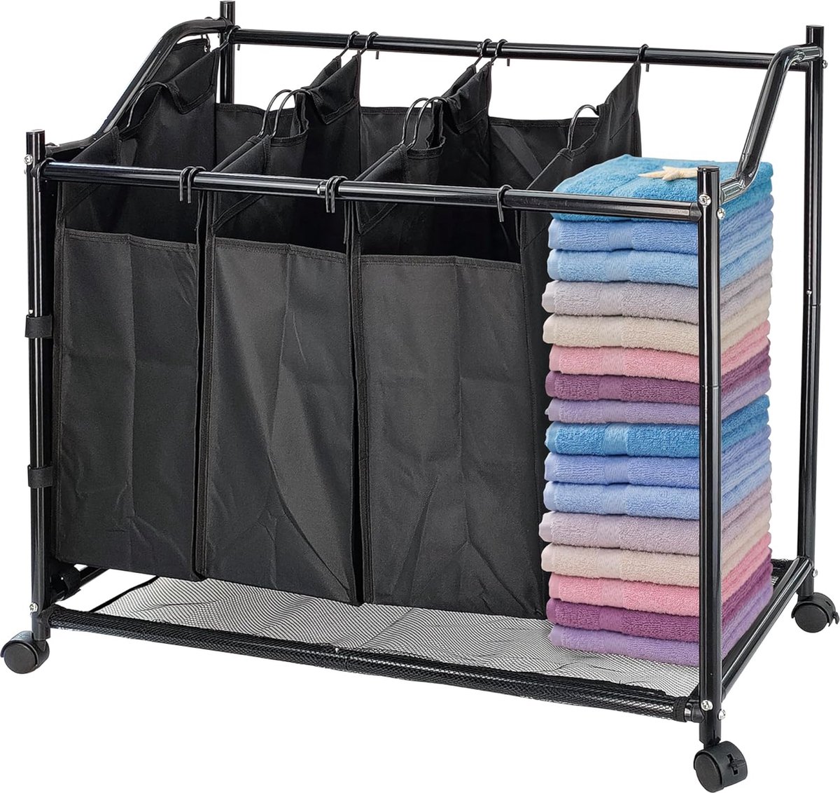 SONGMICS Wasmand, wasverzamelaar met 3 afneembare stoffen zakken, wasbak op wielen, wasserette, stevig, 3 x 44 liter, zwart LSF003B