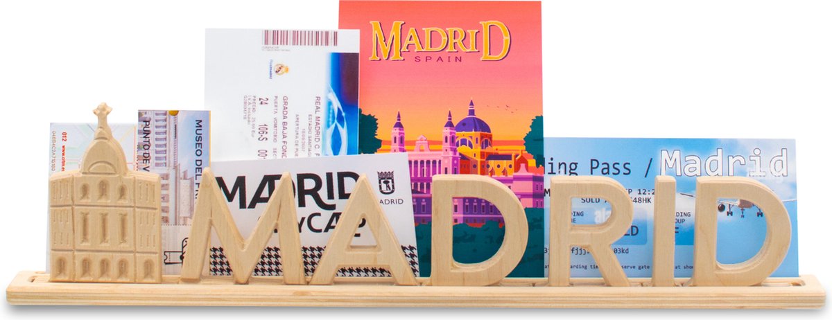 Madrid, houten Letter standaard Souvenir met Edificio Metrópolis: kan gepersonaliseerd worden met fotos en tickets