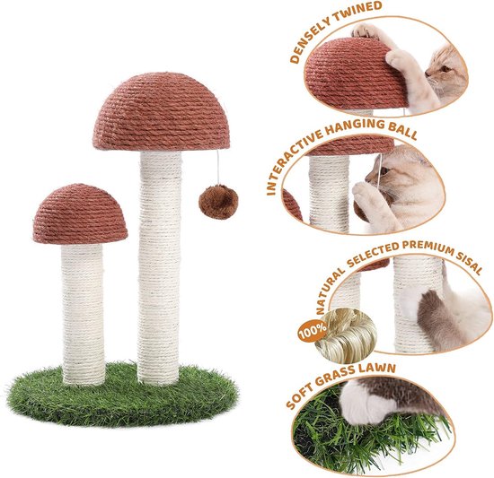 PawHut krabpaal voor katten van sisal en eiken, stevige katenspeelgoed met bal 60 cm, beige 34 x 34 x 60 cm