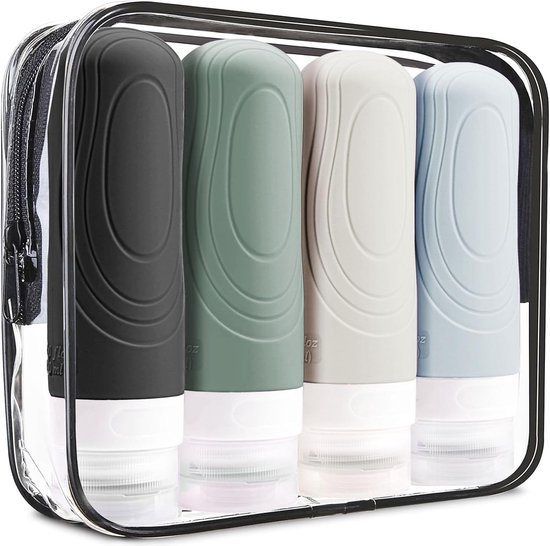 Lot 4 Bouteilles Voyage Silicone 100ml | Anti-Fuites | Sac Rangement + Autocollants | TSA Approved