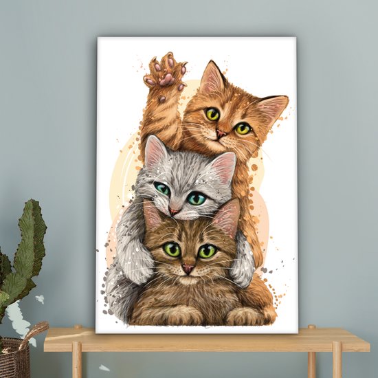 Toile - Illustration - Chatons - Chats - Animaux - Dessin - Peinture sur toile - 40x60 cm - Décoration de chambre