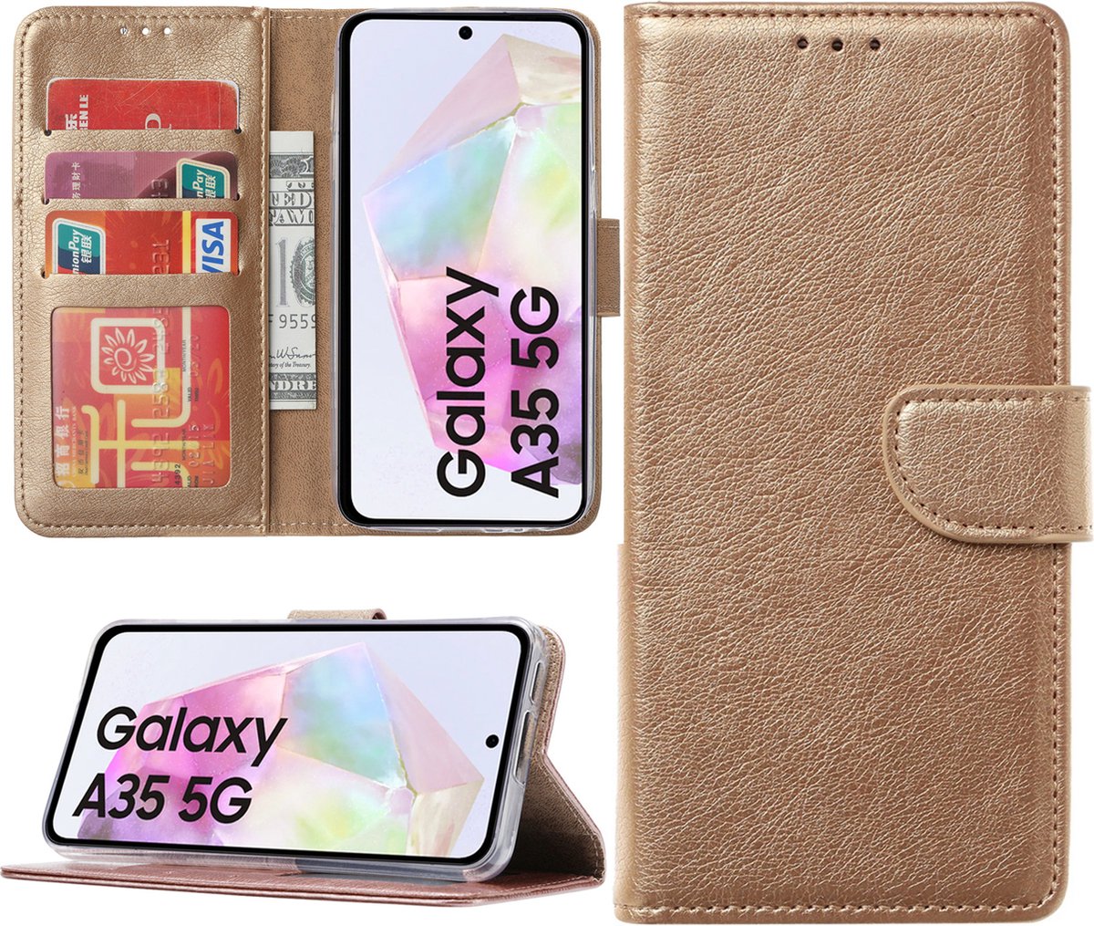 Hoesje geschikt voor Samsung Galaxy A35 bookcase met pasjeshouder - Goud