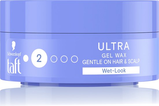 Blauwe pot Taft Ultra Gel Wax met hold level 2 en 'Wet-Look' label.
