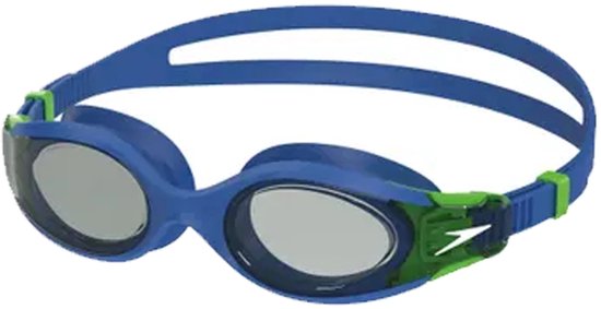 Lunettes de natation bleues avec fixations de sangle vertes et verres satinés.
