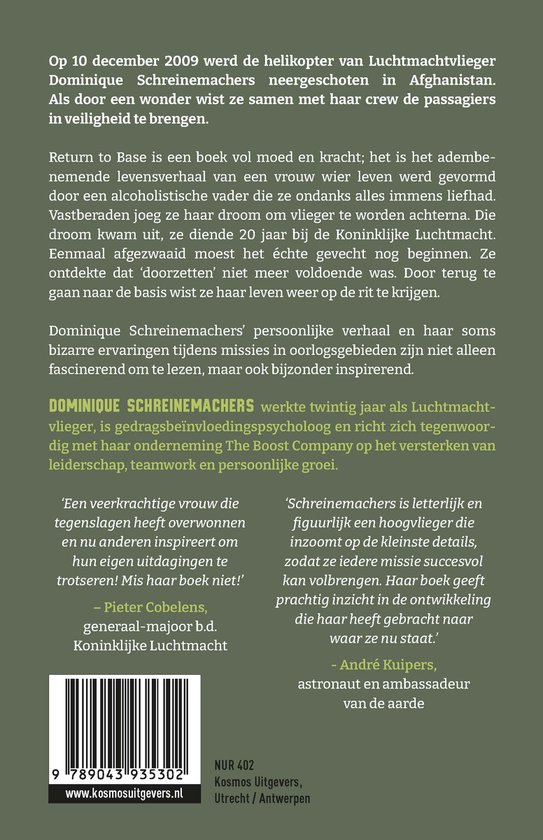 Achterkant van het boek 'Return to Base' met tekst over Dominique Schreinemachers en citaten.