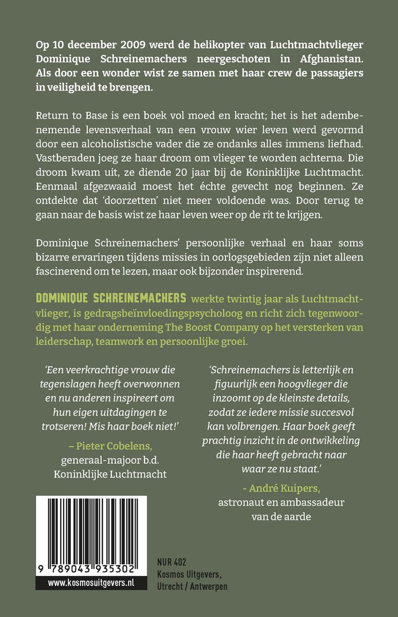 Achterkant van het boek 'Return to Base' met tekst over Dominique Schreinemachers en citaten.