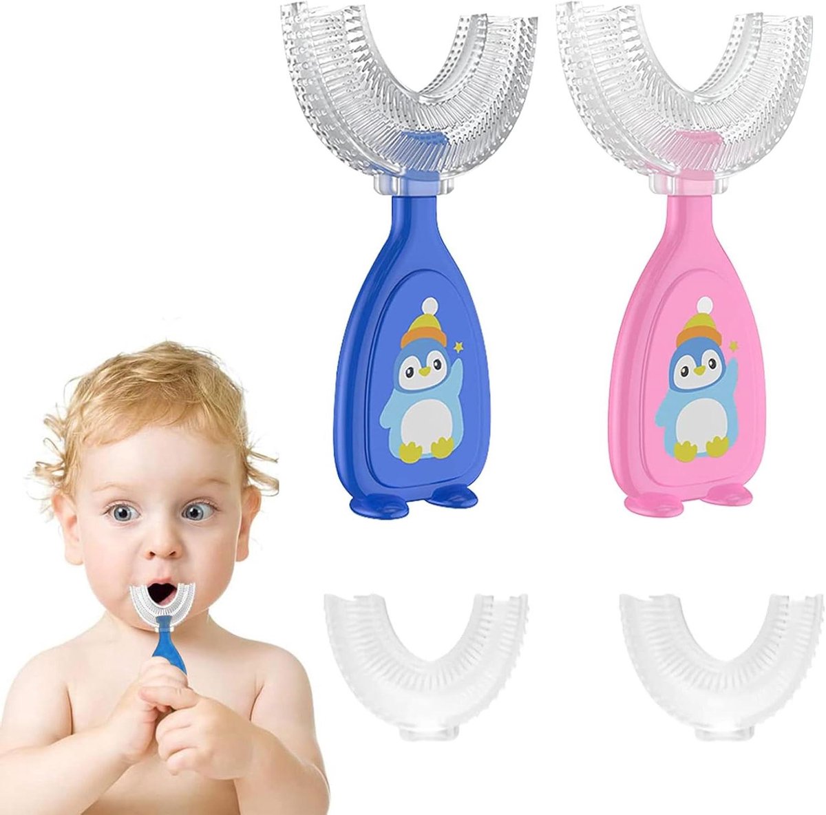Tandenborstel voor kinderen in U-vorm, handmatig, siliconen massageknieschijf, 2 stuks (2-6 jaar)