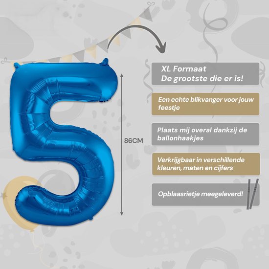 LUQ - Ballons Chiffrés - Ballon Chiffré 5 Ans - Couleur Blauw - XL Groot - Ballon à Hélium - Décoration Anniversaire