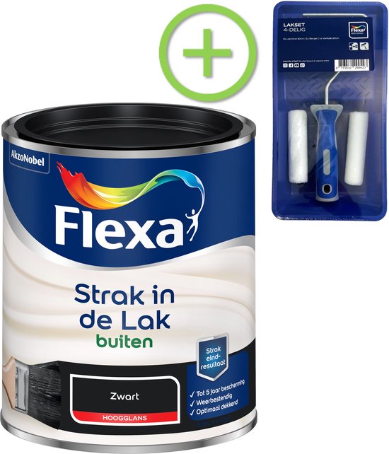 Flexa - Strak in de Lak Hoogglans - Buiten - Zwart - 750 ml + Lakroller
