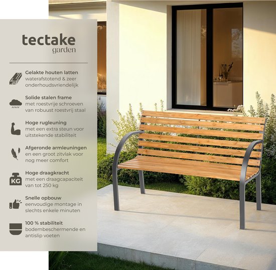 tectake® 2-zits Tuinbank Michaela - Weerbestendig - 119,5 x 62 x 83 cm - Tuin Bank van Hout in Landhuisstijl - Romantische Balkonbank - Houten Tuinbanken - Tuinbankjes