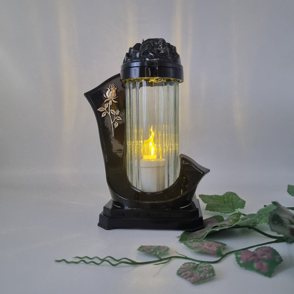 Herdenkingslicht - L-13 - Lantaren - Roos - Goud/Zwart - Windlicht - Graflicht - Graflantaarn - Grafdecoratie