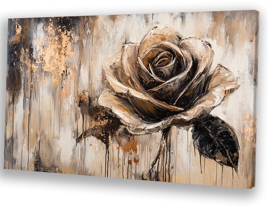 Expressieve roos in aardetinten - Roos canvas schilderij - Schilderijen canvas bloem - Expressionisme - Interieurdecoratie - Wanddecoratie slaapkamer - canvas 90x60 cm