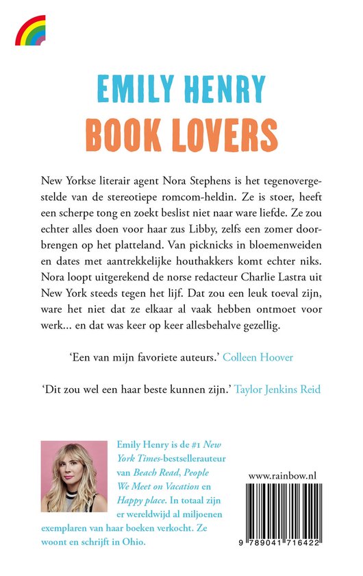 Boekkaft van "Book Lovers" met een portret van Emily Henry en tekst over het boek en de auteur.