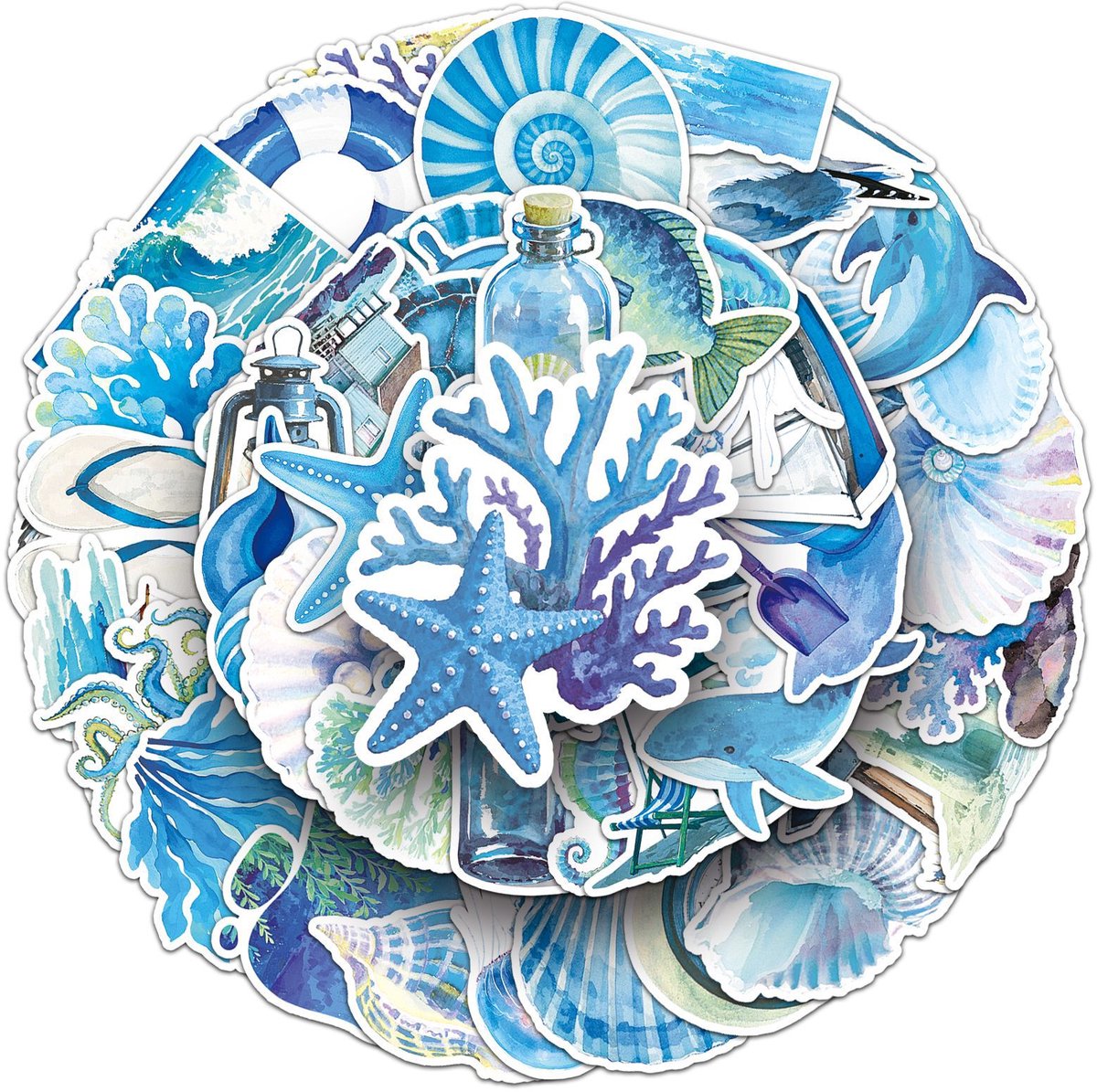 Winkrs | Blauwe Zeedier Stickers Waterverf | Schelpen, vissen, zeewier, aquarel, onderwater | 50 stuks voor laptop, muur, koffer, etc.