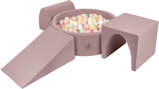 KiddyMoon Foam speeltuin PPZP-OK30D-124 met ballen heather: pastelbeige-pastelgeel-wit-mint-poederroze zwembad 300/club L/court/tunnel