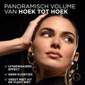 Model met grote gouden oorbellen en de tekst 'PANORAMISCH VOLUME VAN HOEK TOT HOEK'.
