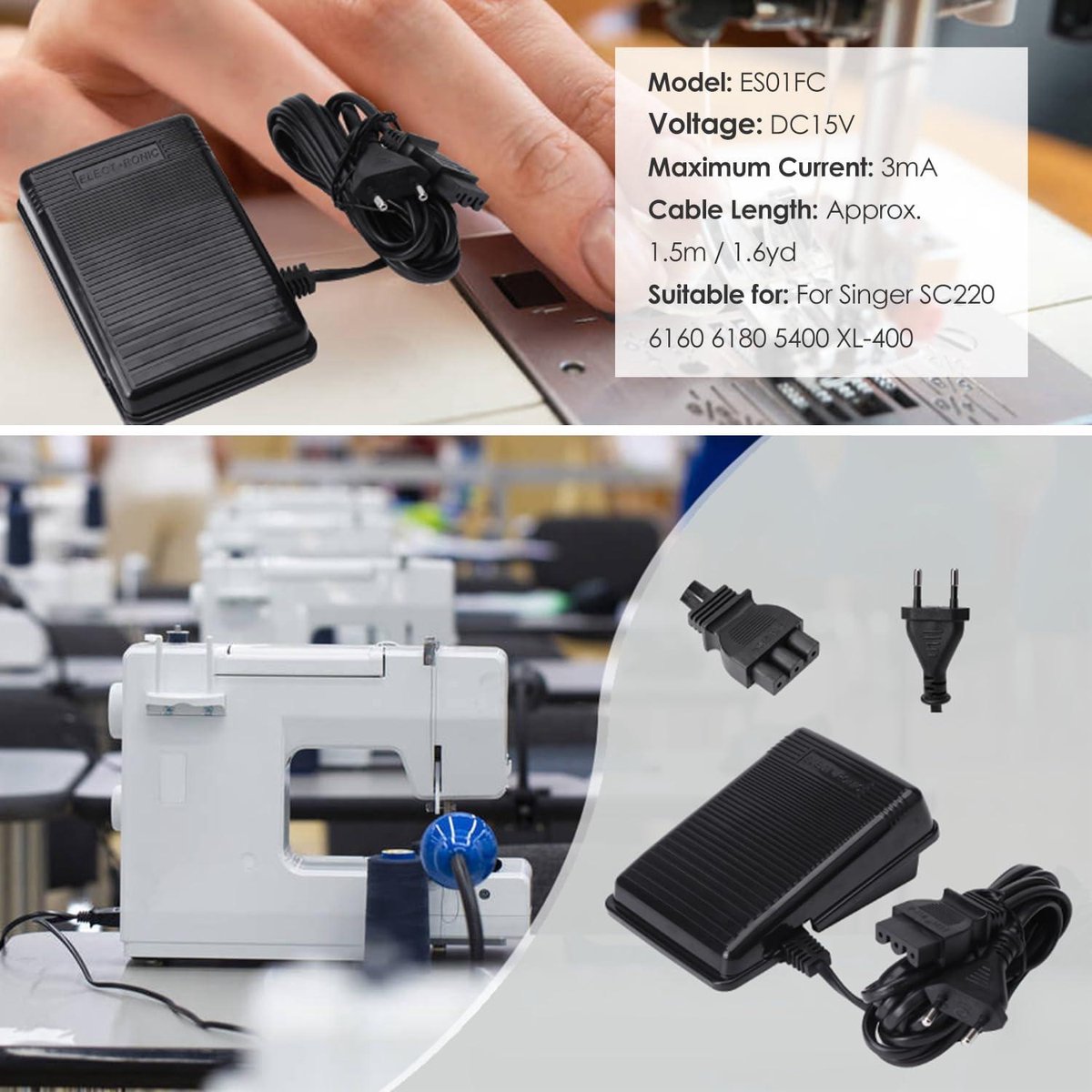 Pédale Commande Pied Machine à Coudre - Contrôleur Vitesse Pour SC220 6160 6180 5400 XL-400 - Accessoire Remplacement