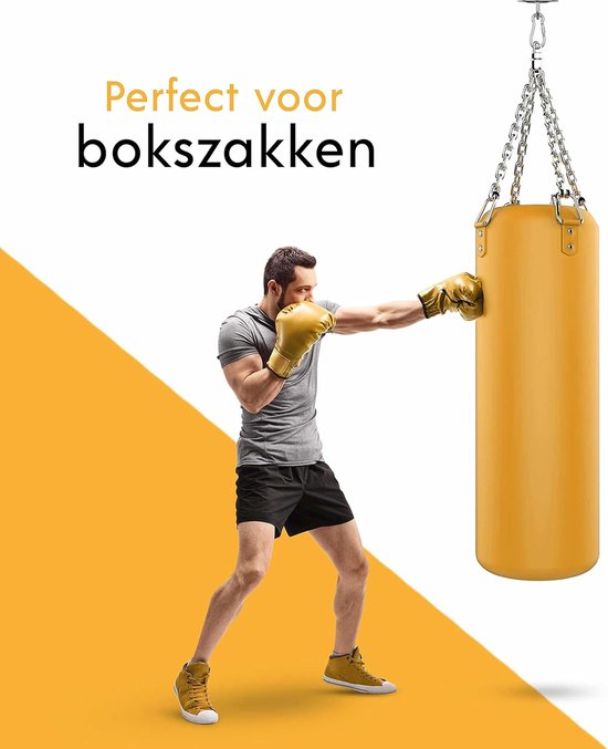 Man met bokshandschoenen slaat tegen een gele bokszak die aan een plafondhaak hangt. Tekst: 'Perfect voor bokszakken'.