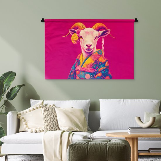 Tapisserie murale 90x60 cm - Tapisserie murale Chèvre - Cornes - Kimono - Colorée - Tapisseries