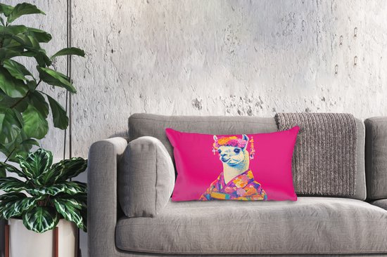 Sierkussens - Kussentjes Woonkamer - 50x30 cm - Lama - Kimono - Bloemenkrans - Felroze