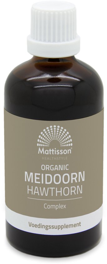 Bruine fles met crèmekleurig etiket: Mattisson Organic Meidoorn Hawthorn Complex Voedingssupplement.