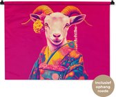 Wandkleed 90x67.5 cm - Wanddoek Geit - Hoorns - Kimono - Kleurrijk - Wandtapijt - Wandkleden