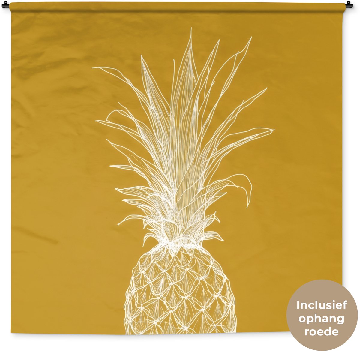 Wandkleed 180x180 cm - Wanddoek Lijnillustratie - Ananas - Bladkroon - Okergeel - Wandtapijt - Wandkleden