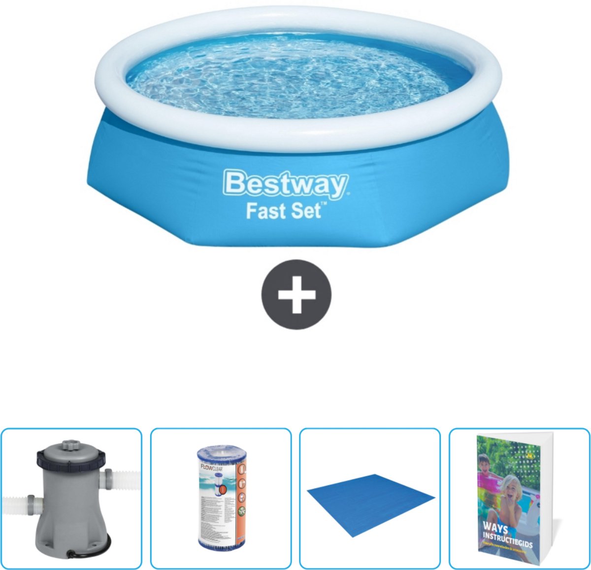 Bestway Rond Opblaasbaar Fast Set Zwembad - 244 x 61 cm - Blauw - Inclusief Pomp - Filter - Grondzeil - Zwembadgids