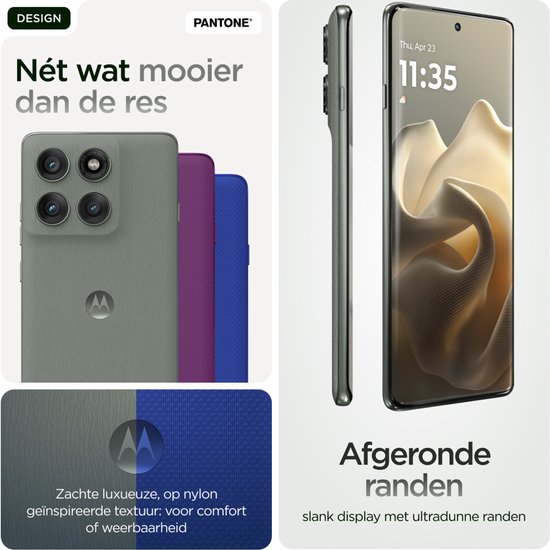 Motorola Edge 60 Pro in schaduwgrijs, paars en blauw met zachte, luxe textuur. Afgeronde randen met ultradunne randen.