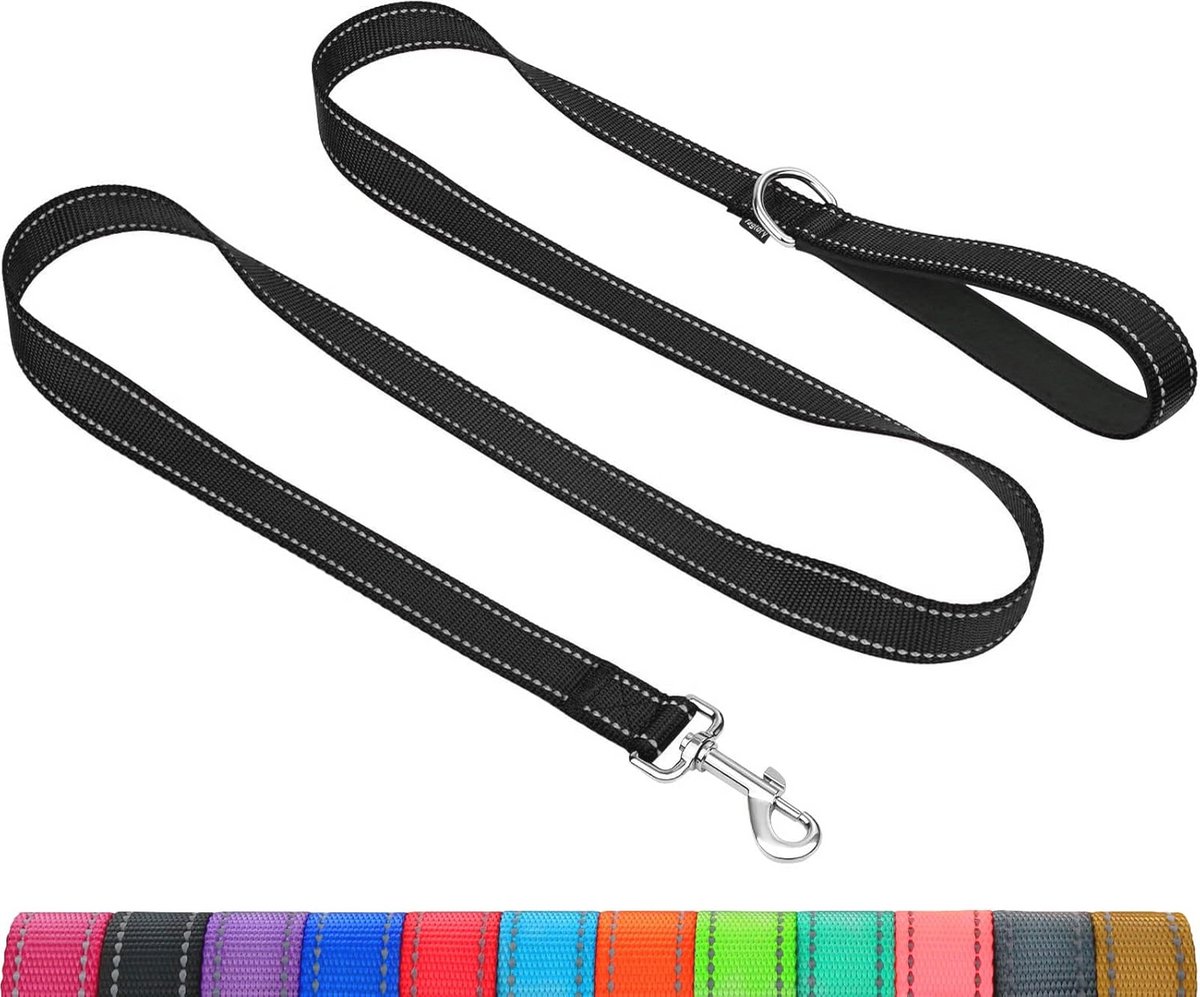 Reflecterende hondenlijn met gewatteerd handvat voor kleine en middelgrote honden - 120 cm lang en 2 cm breed - Zwart