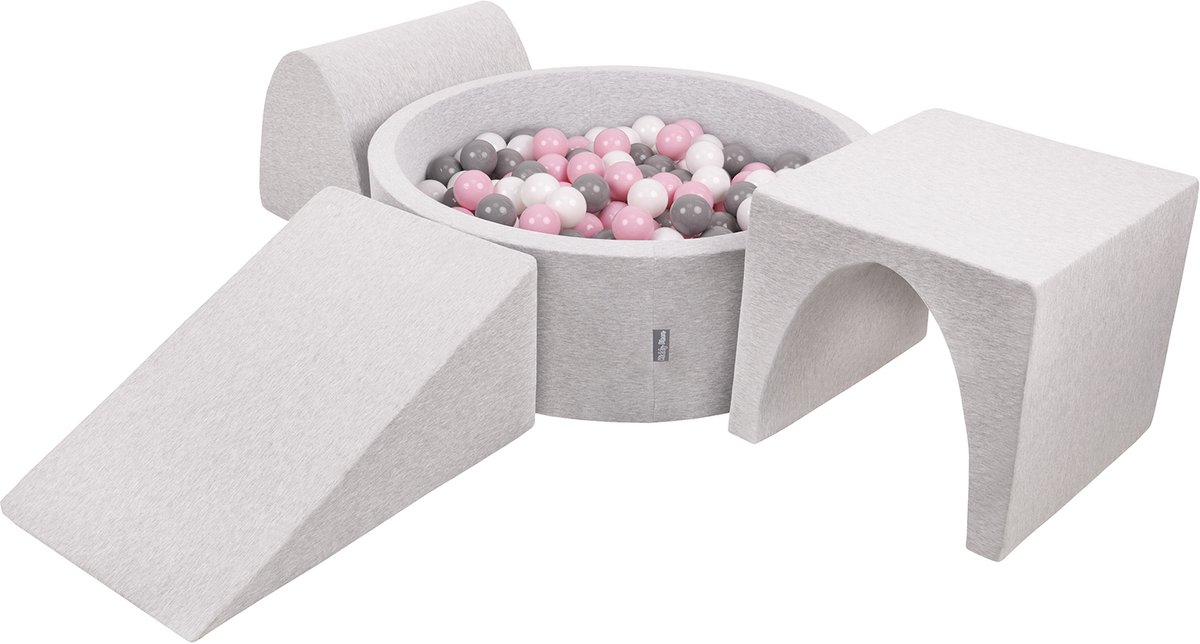 KiddyMoon schuimspeelplaats met rond ballenbad (300 ballen) ballenbakken voor baby's speelbad hindernisbanen, made in the eu, lichtgrijs:wit/grijs/poederroze