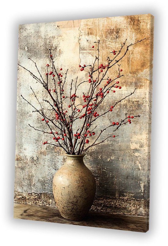 Takken in rustieke vaas - Stilleven muurdecoratie - Muurkunst takken - Japandi - Klassieke schilderijen - Woonkamer accessoires - Canvas 60x90 cm