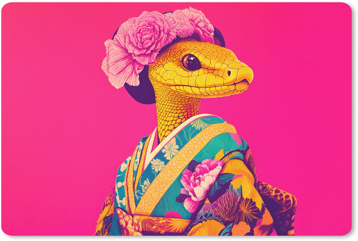 Muismat 27x18 cm - Mousepad Hagedis - Bloemen - Roze - Kimono - Muismatten