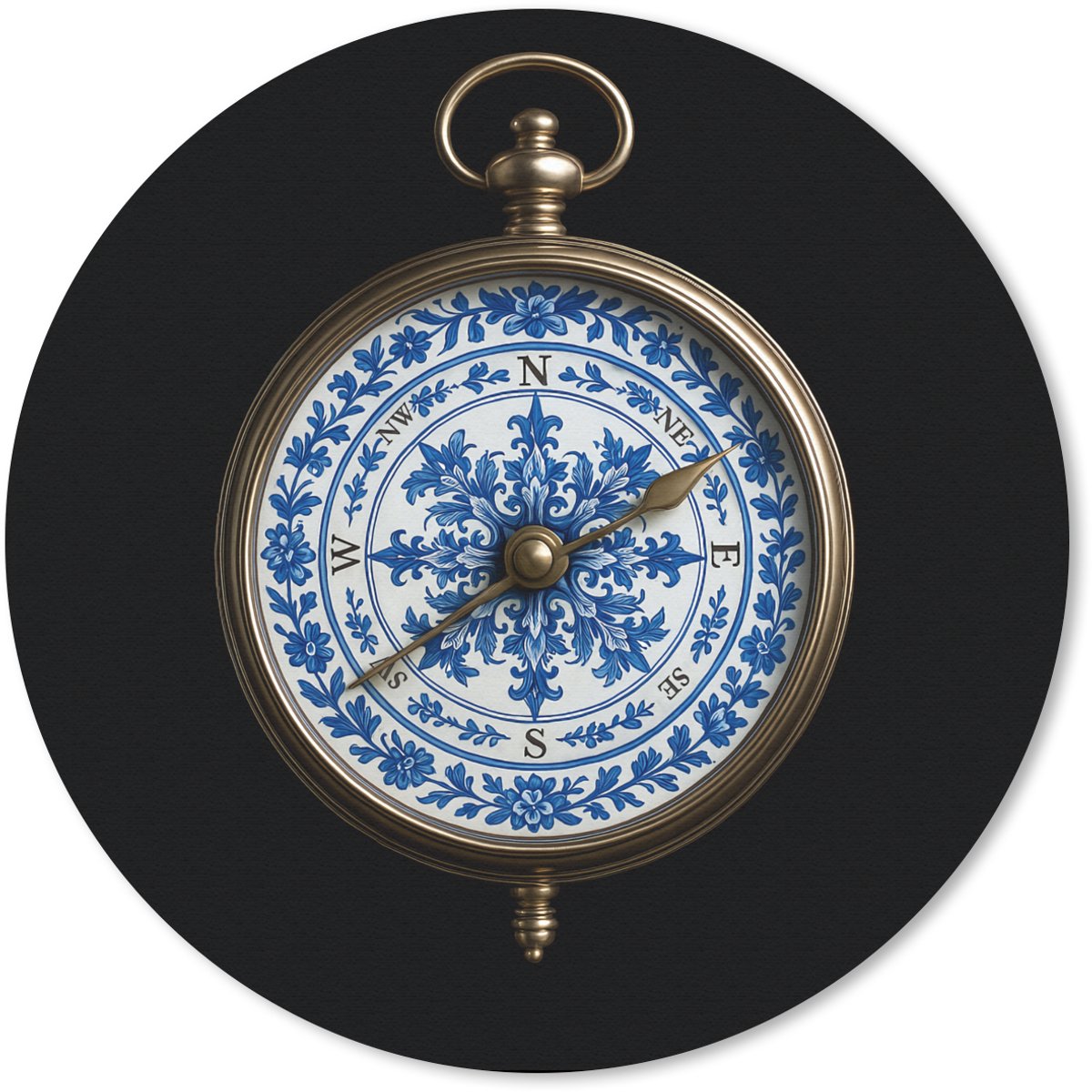 Muismat rond 40x40 cm - Mousepad Kompas - Delfts blauw - Zwart - Ronde muismatten