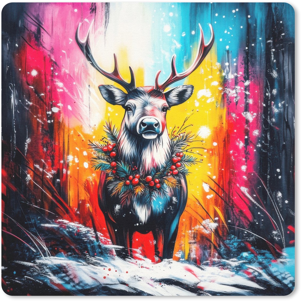 Muismat 20x20 cm - Mousepad Rendier - Gewei - Krans - Kleurrijk - Muismatten