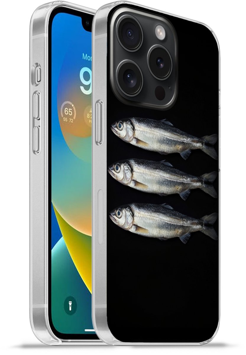 Telefoonhoesje Geschikt voor iPhone 15 Pro hoesje - Haring - Vissen - Zwart - Siliconen Telefoonhoesje Telefoonhoesje