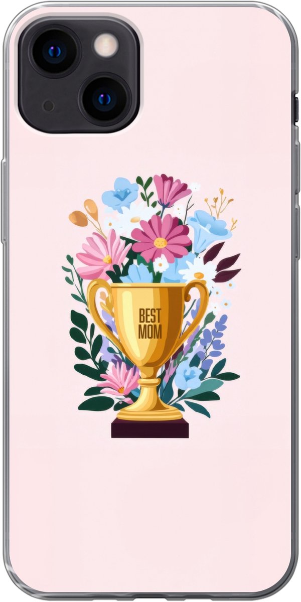 Telefoonhoesje Geschikt voor iPhone 13 hoesje - Trofee - Best Mom - Bloemen - Kleurrijk - Siliconen Telefoonhoesje Telefoonhoesje