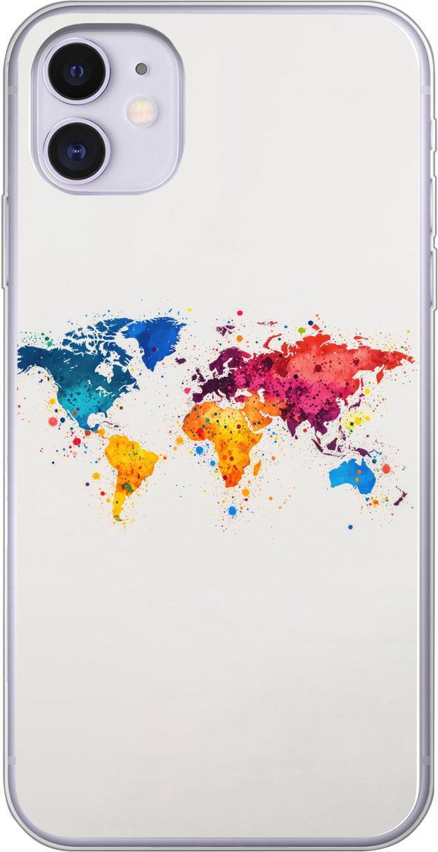 Telefoonhoesje Geschikt voor iPhone 11 hoesje - Wereldkaart - Graffiti - Kleurrijk - Siliconen Telefoonhoesje Telefoonhoesje