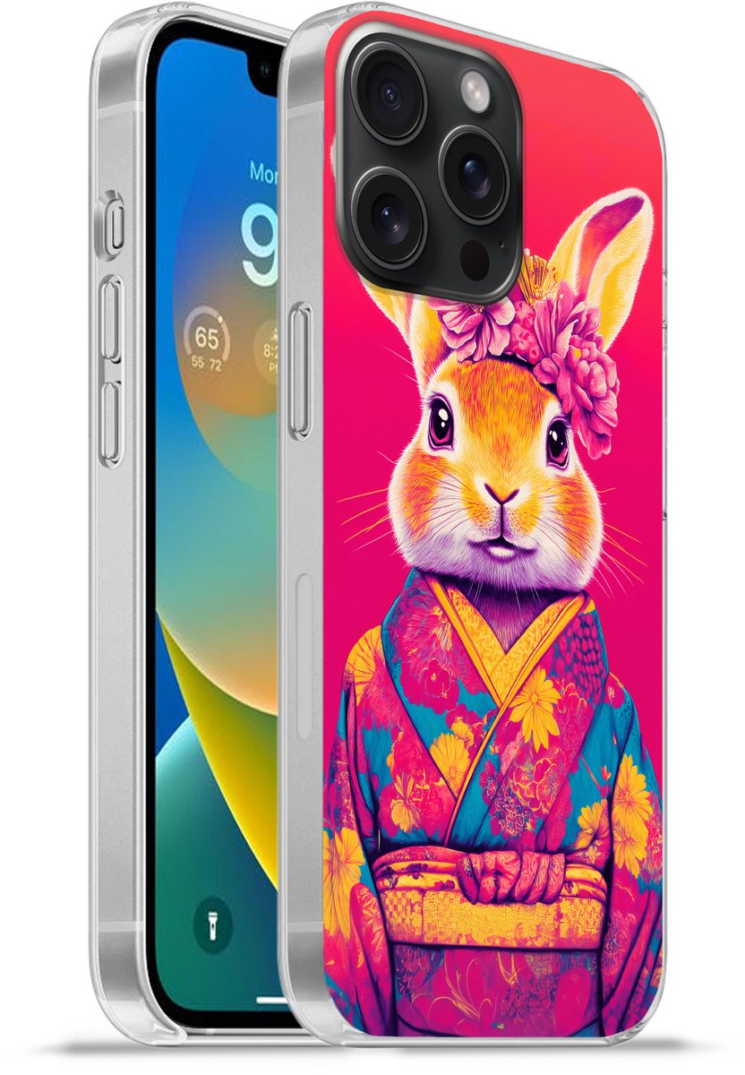 Telefoonhoesje Geschikt voor iPhone 15 Pro Max hoesje - Konijn - Bloemen - Kleurrijk - Kimono - Siliconen Telefoonhoesje Telefoonhoesje